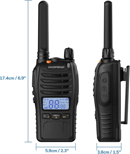 BAOFENG BF-88ST Pro with earpieces black walkie talkie showing front and side views with dimensions