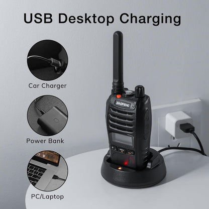 BAOFENG BF-88ST Pro with earpieces walkie talkie charging on USB desktop dock with car charger power bank and laptop options