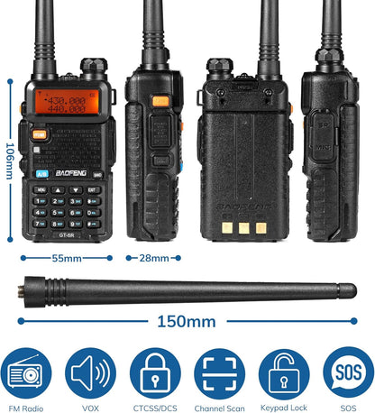 Baofeng GT-5R dual band walkie talkie by Luxurymania showing front, side, back views with dimensions and detachable antenna