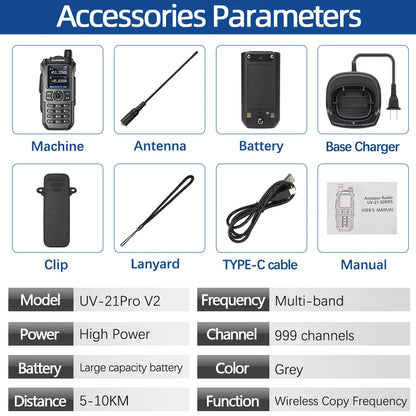 Baofeng UV 21 Pro walkie talkie accessory set including machine, antenna, battery, base charger, clip, lanyard, Type-C cable and manual