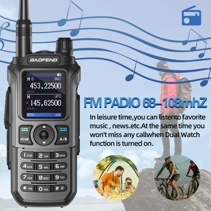 Baofeng UV 21 Pro walkie talkie with dual watch and FM radio features shown with outdoor activities