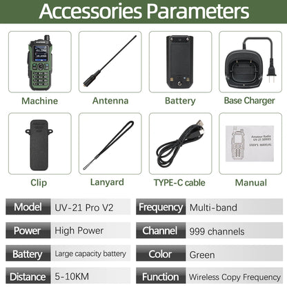 Baofeng UV 21 Pro walkie talkie with antenna battery base charger clip lanyard type-c cable and manual