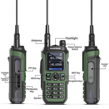 Baofeng UV 21 Pro walkie talkie in green with detailed labelled buttons and long antenna for clear communication