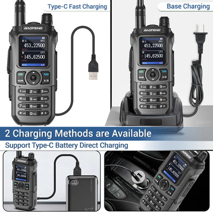 Baofeng UV 21 Pro walkie talkie showing two charging methods with Type-C fast charging and base charging