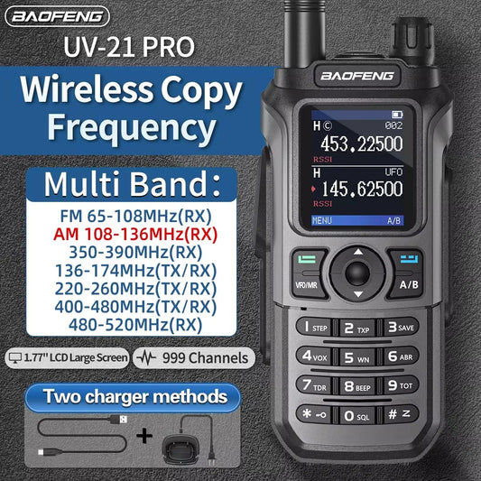 Baofeng UV 21 Pro walkie talkie with large LCD screen multi-band frequency and two charger methods