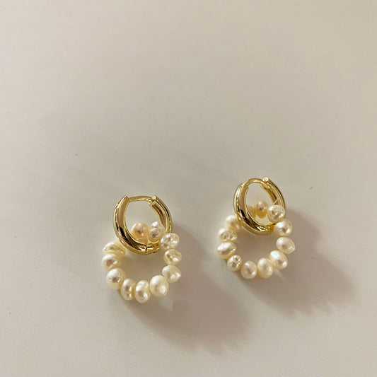 French buckle pearl earrings for women elegant gold hoops with small white freshwater pearls
