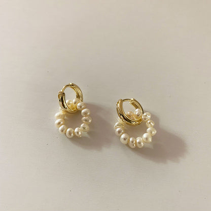 eprolo French buckle pearl earrings for women gold hoop earrings with small white pearls on cream background