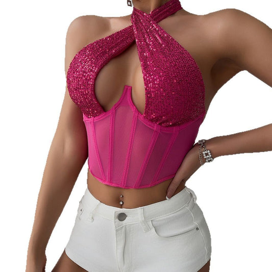 Luxurymania24 sheer mesh bustier halter top fuchsia sequin halter with sheer mesh corset panels modelled