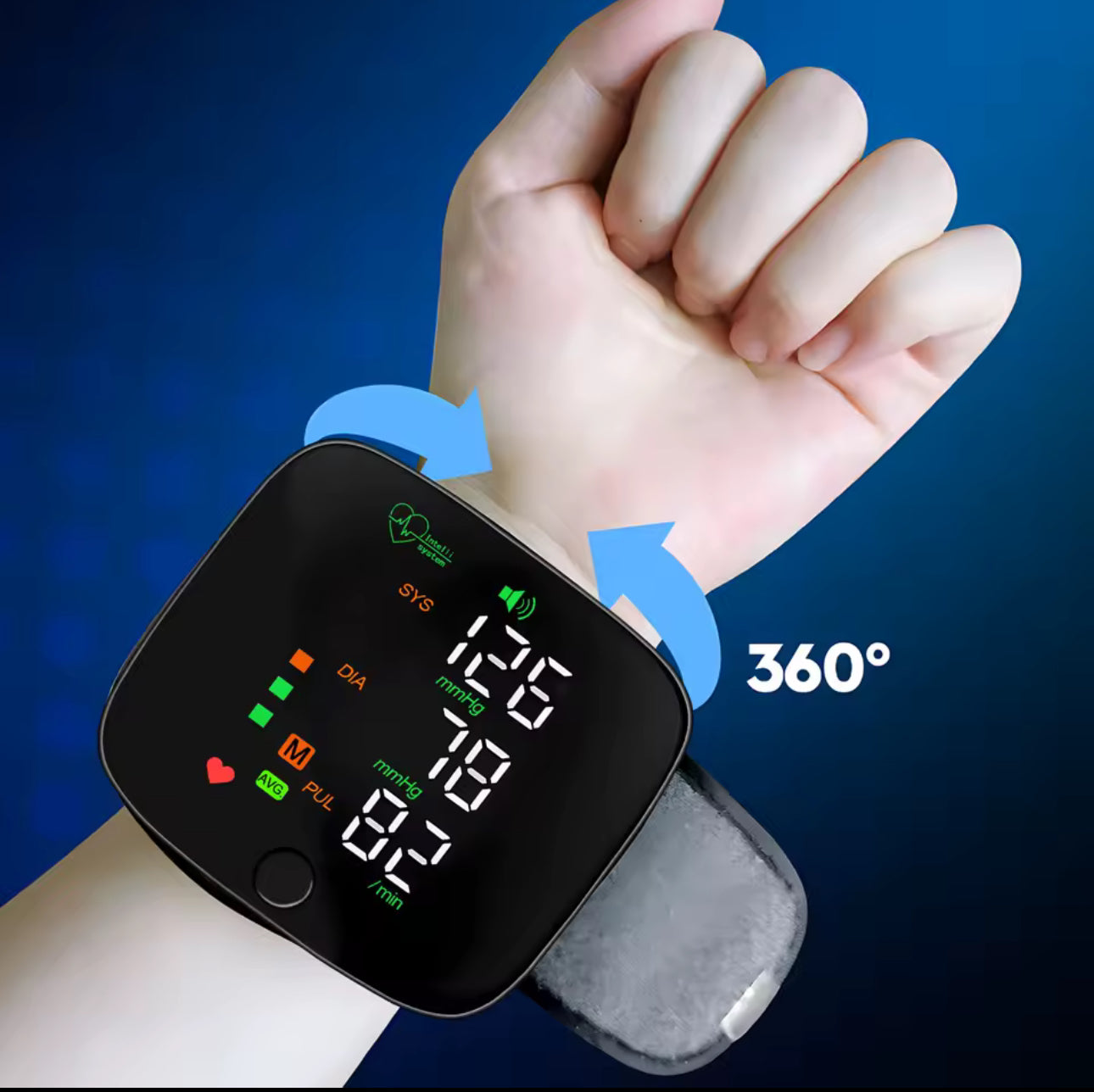 USB rechargeable blood pressure monitor displaying clear readings on a wrist for easy health tracking