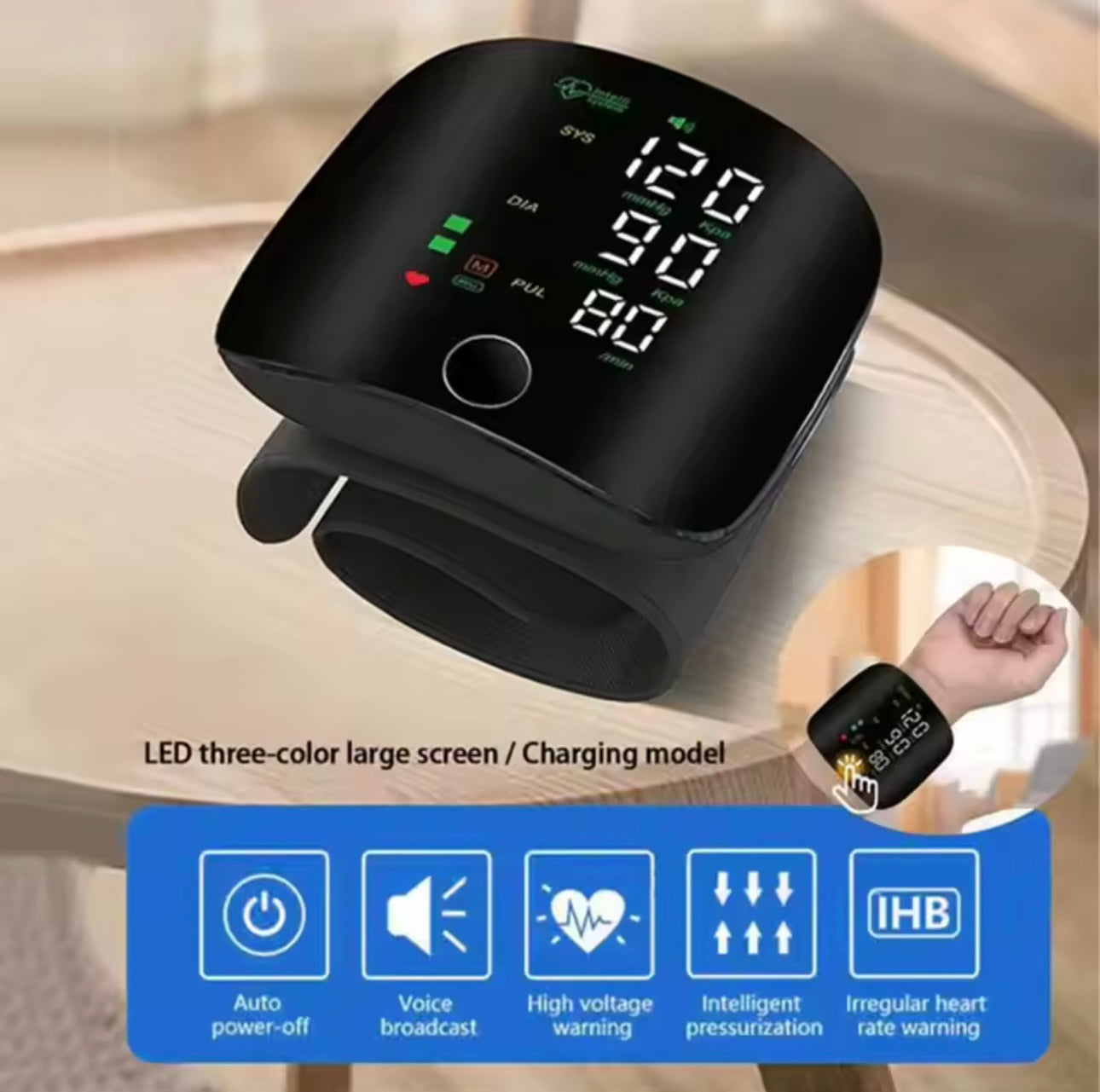 Luxurymania24 USB rechargeable blood pressure monitor with LED display and voice broadcast features