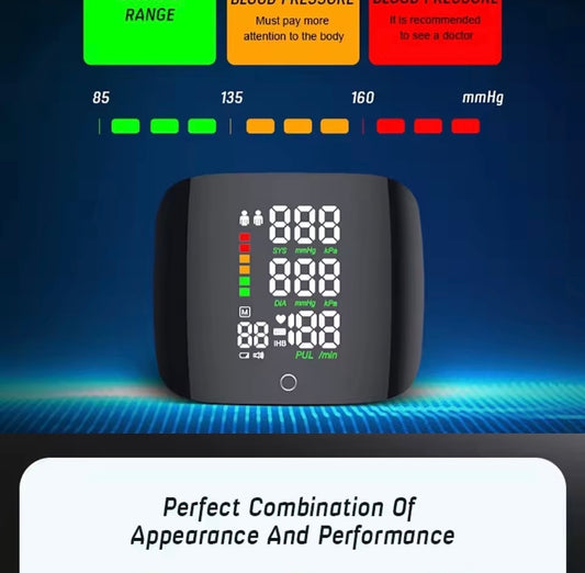 USB rechargeable blood pressure monitor with digital display showing readings and colour-coded range indicators