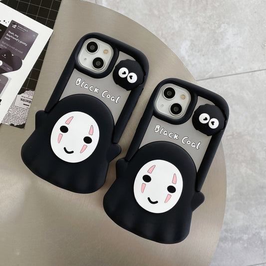 Cute Faceless IPhone 14 Pro Case black silicone No Face design with smiling mask and soot sprite charm