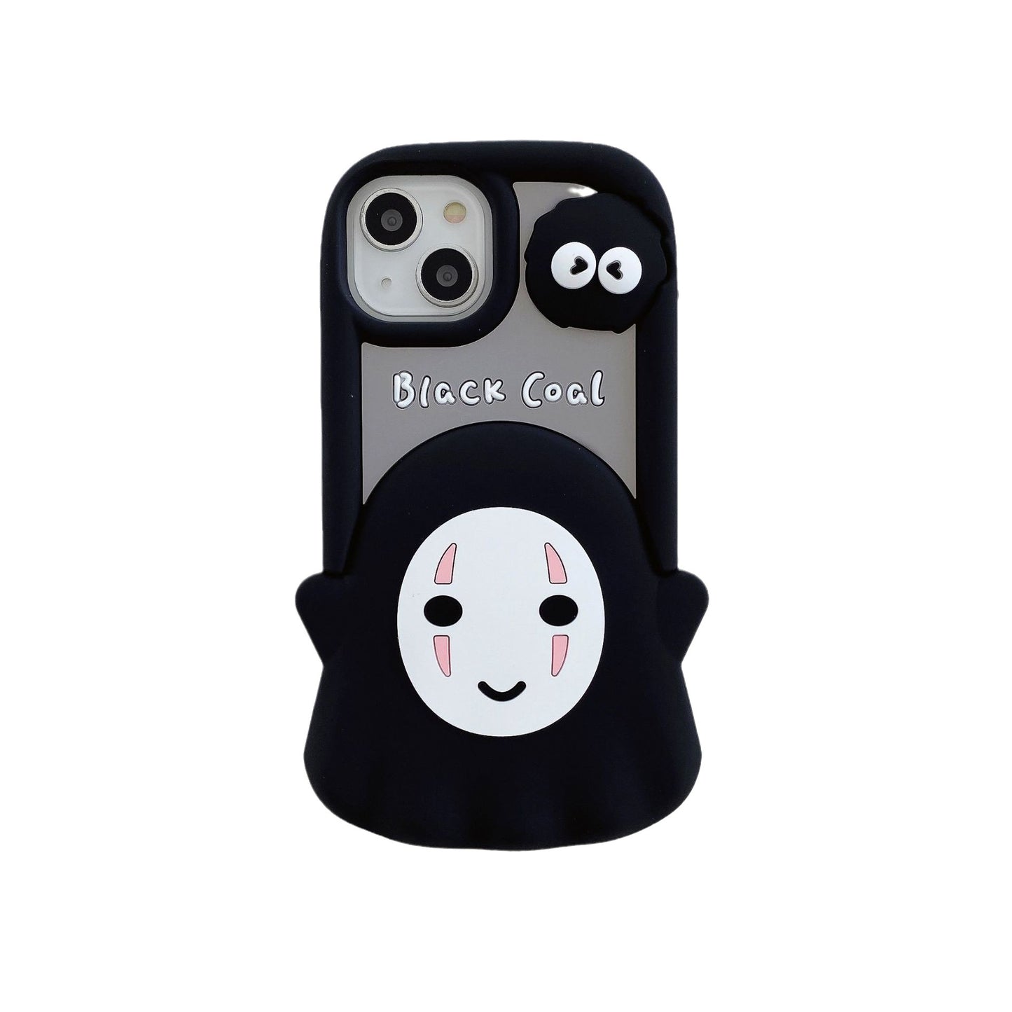 Cute Faceless IPhone 14 Pro Case black silicone protective cover with smiling mask and soot sprite charm