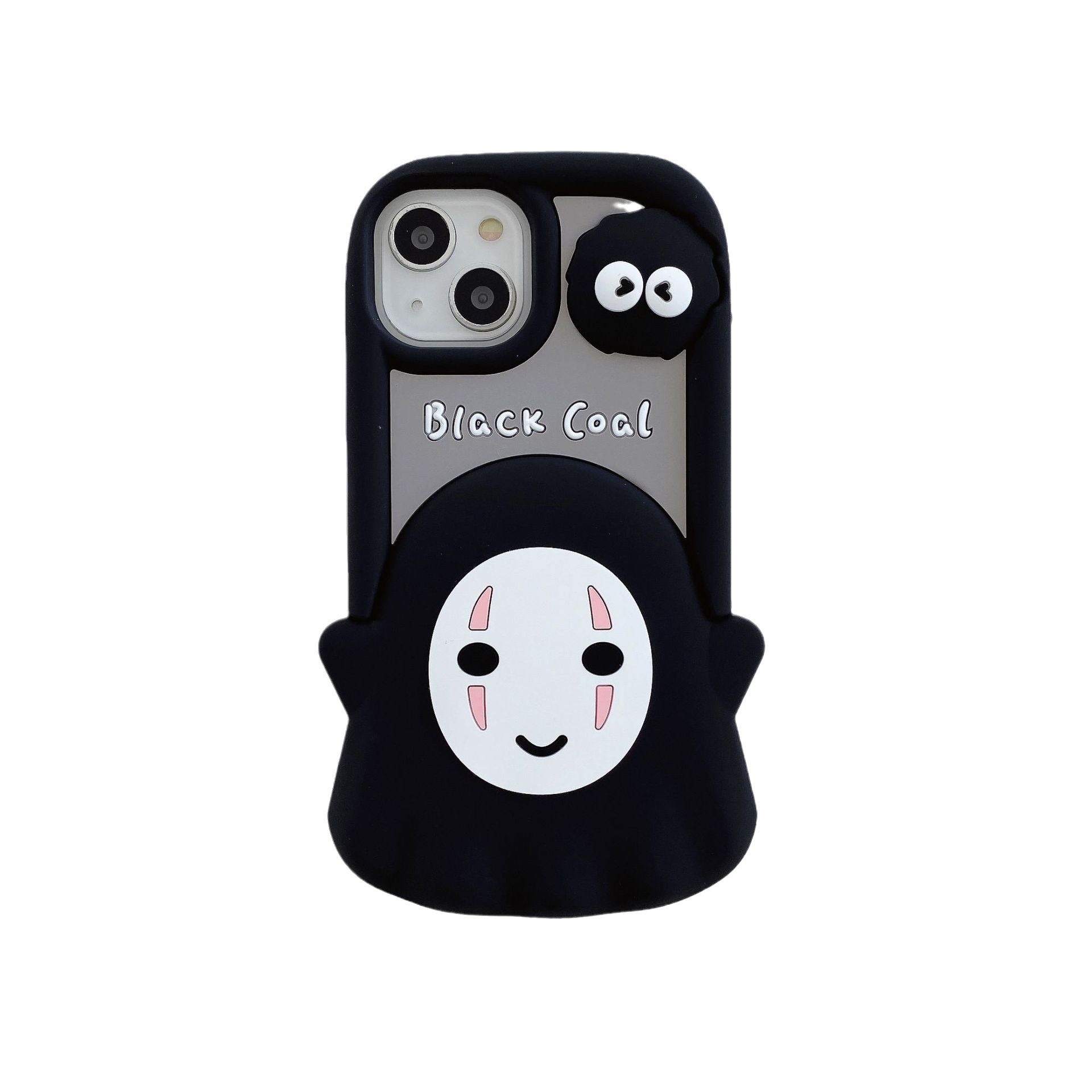 Cute Faceless IPhone 14 Pro Case black silicone protective cover with smiling mask and soot sprite charm
