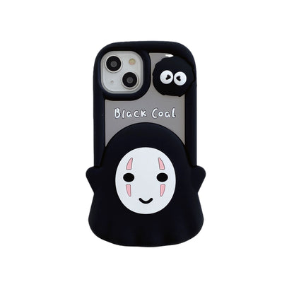 Cute Faceless IPhone 14 Pro Case black silicone protective cover with smiling mask and soot sprite charm