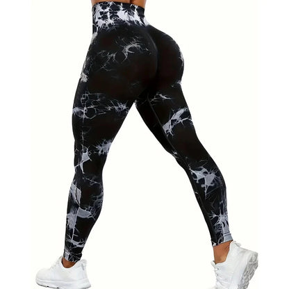 Black and white marbled seamless high waist gym leggings for women by Luxurymania24