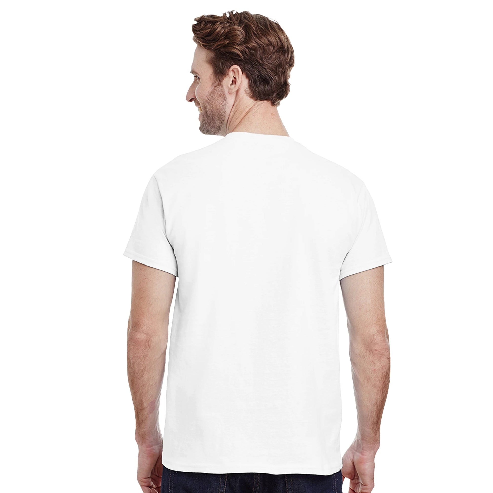 Back view of a white heavyweight unisex crewneck t-shirt from Luxurymania24