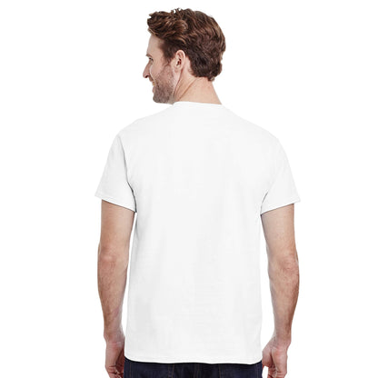 Back view of a white heavyweight unisex crewneck t-shirt from Luxurymania24