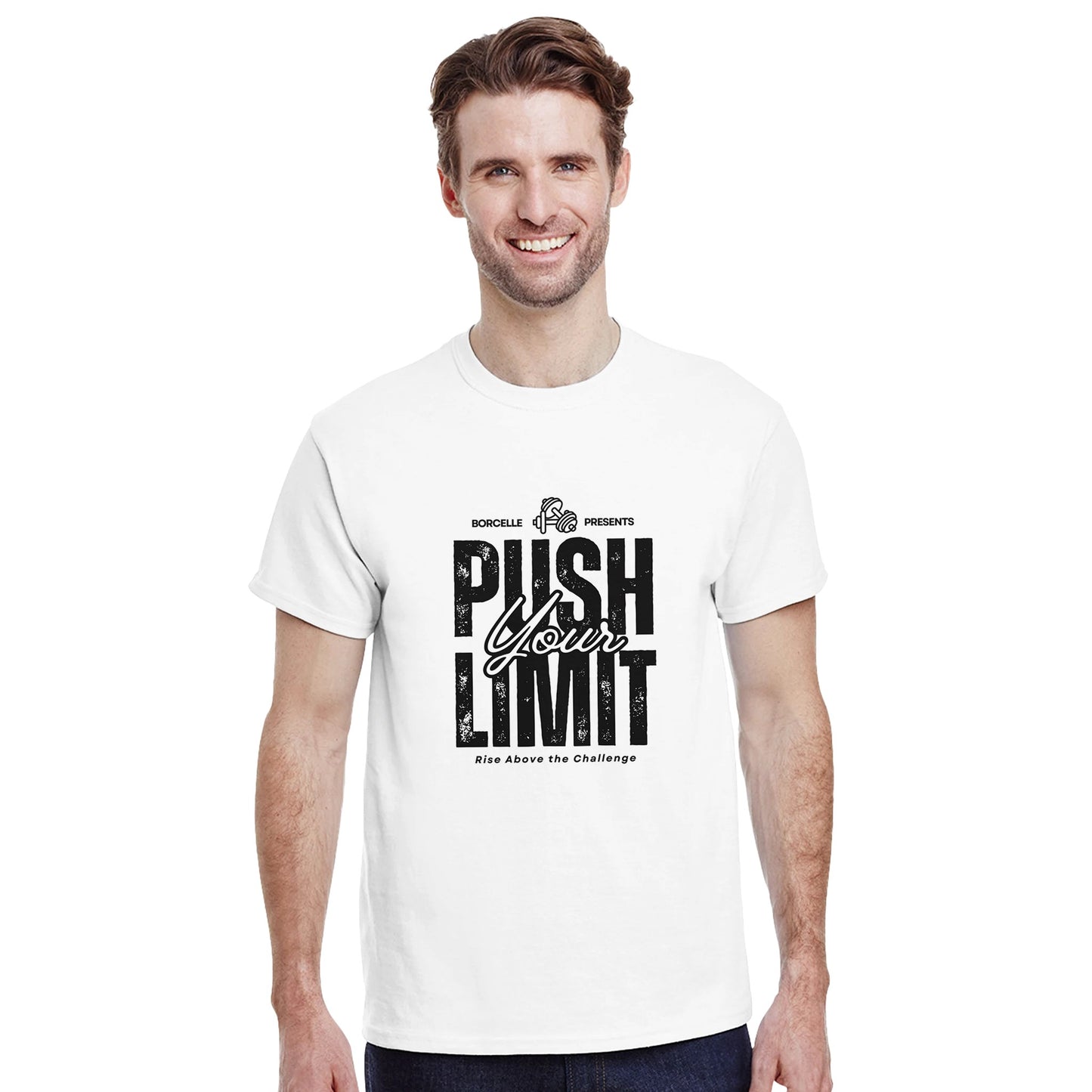 Heavyweight unisex crewneck t-shirt in white featuring a bold 'Push Your Limit' graphic design