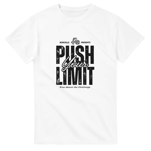White heavyweight unisex crewneck t-shirt with 'Push Your Limit' graphic design