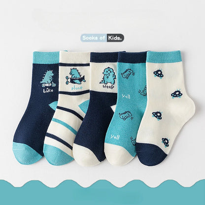Set of five boys cotton crew socks in fun designs including dinosaurs and playful patterns