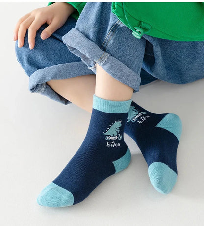 Boys cotton crew socks in navy with teal accents and dinosaur design for comfortable daily wear