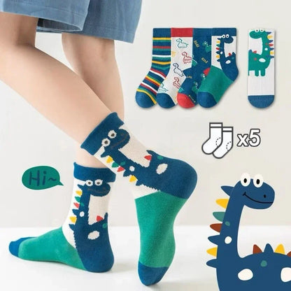 Set of five boys cotton crew socks with fun dinosaur designs and vibrant colours by Luxurymania24