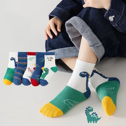 Set of boys cotton crew socks featuring colourful dinosaur designs and various patterns