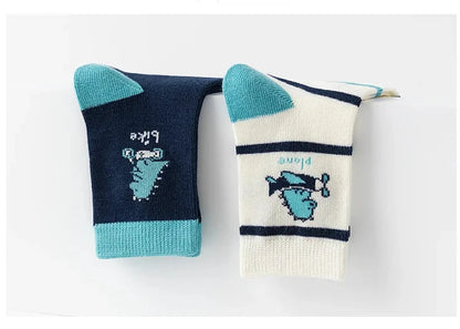 Boys cotton crew socks in navy and cream with cute animal designs, perfect for everyday wear