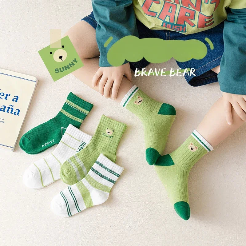 Boys cotton crew socks in green and white with cute bear designs, ideal for everyday wear