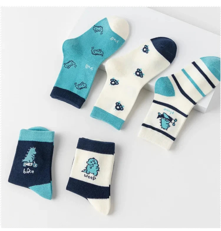 Colourful boys cotton crew socks featuring fun dinosaur and cloud patterns for comfort and style