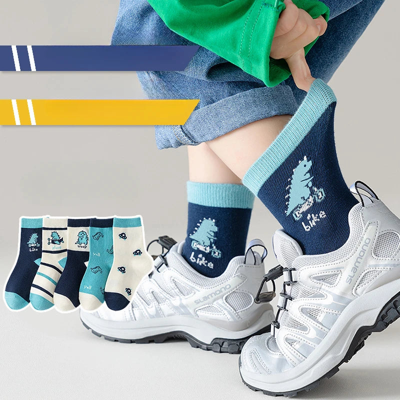Set of boys cotton crew socks in fun designs, perfect for everyday wear with casual shoes