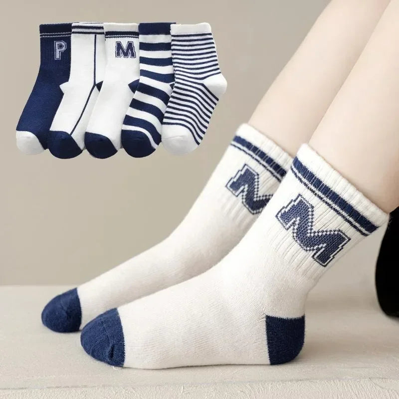 Set of five boys cotton crew socks in various styles and colours for comfortable everyday wear