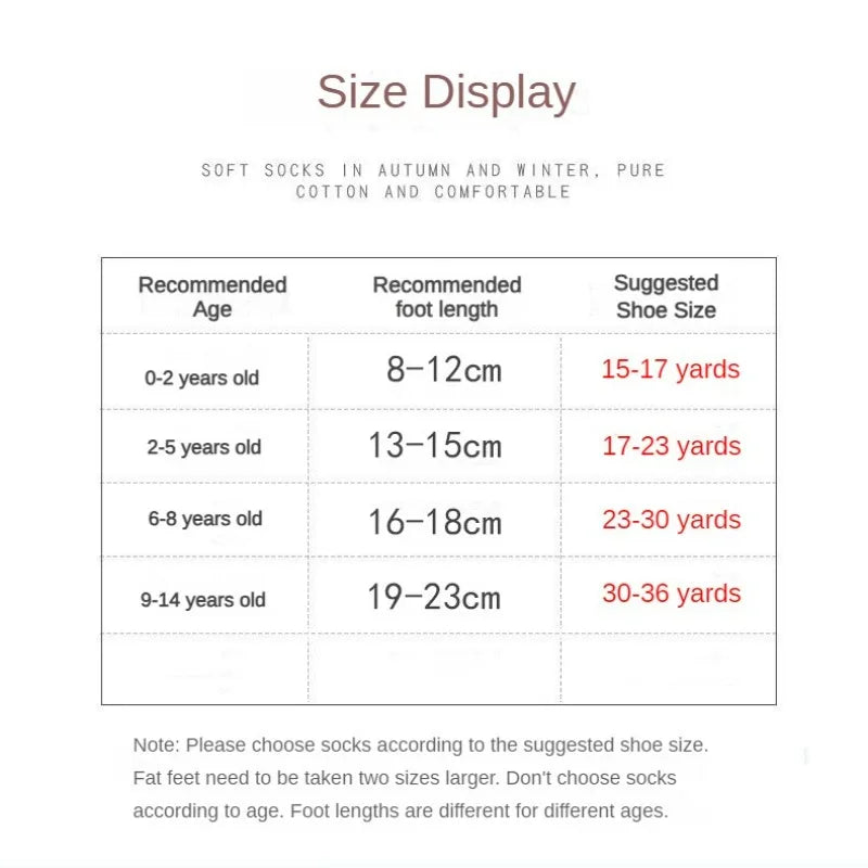 Size display for boys cotton crew socks showing recommended age, foot length and shoe size