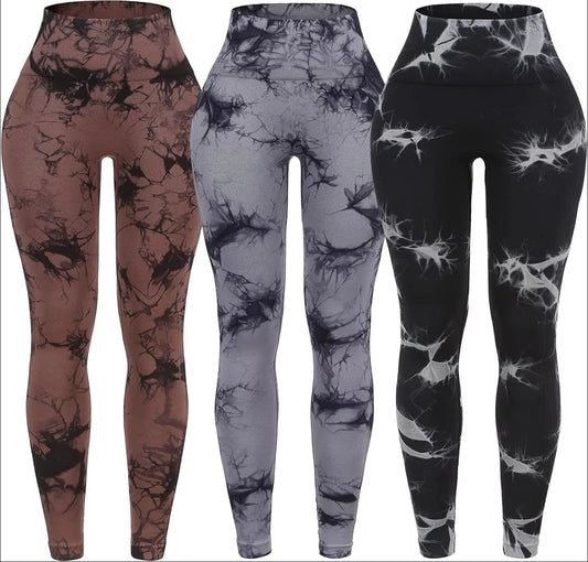 Set of seamless high waist gym leggings in brown grey and black tie-dye patterns for workout comfort