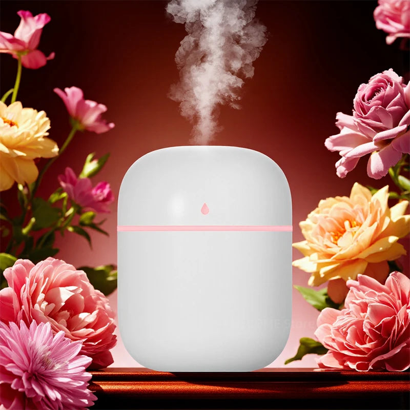 Luxurymania24 car humidifier cool mist sprayer releasing soothing mist among vibrant flowers