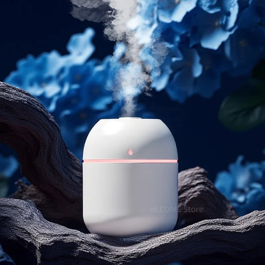 Luxurymania24 car humidifier cool mist sprayer emitting a fine mist among blue flowers