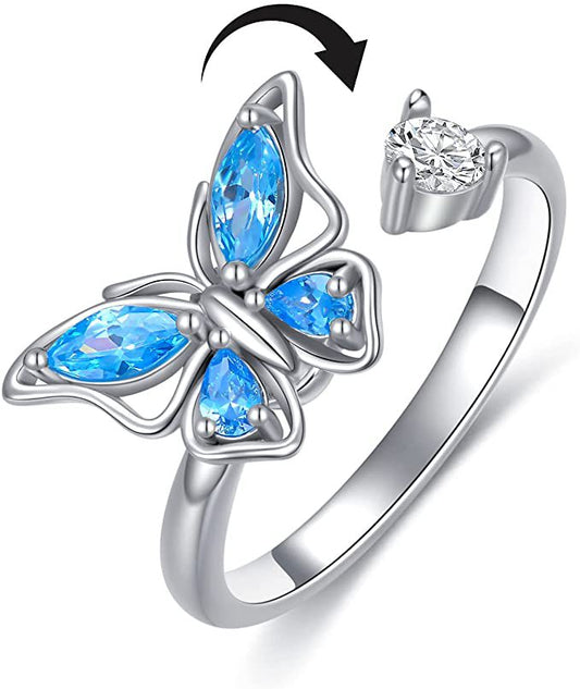 Rotatable Butterfly Ring For Women silver open band with blue teardrop crystals adjustable and rotating