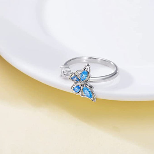 Rotatable Butterfly Ring For Women silver adjustable ring with blue teardrop stones and clear gem