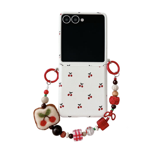 White Cherry Phone Case For Oppo Huawei with small red cherry print and detachable beaded wrist strap