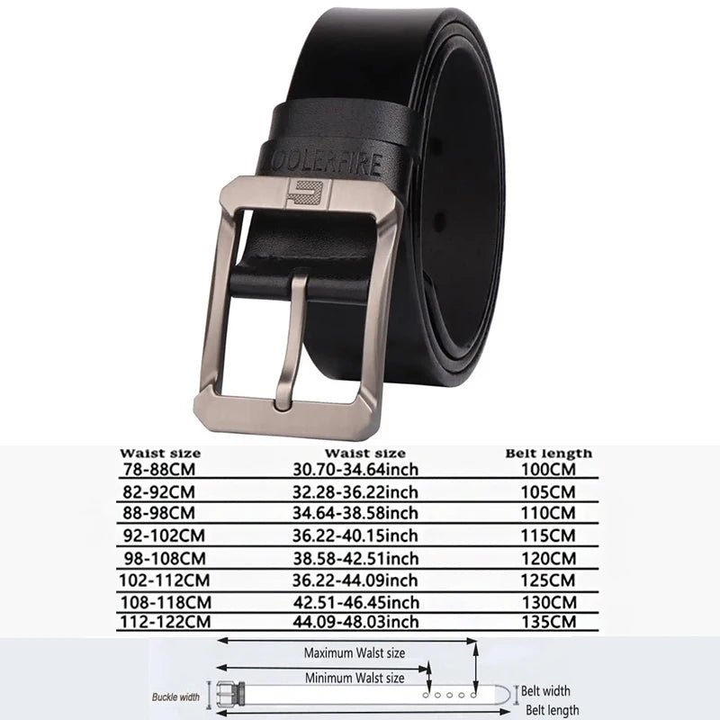 Coolerfire belt for jeans and trousers. Luxurymania24 black leather belt with silver buckle and sizing chart