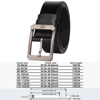 Coolerfire belt for jeans and trousers. Luxurymania24 black leather belt with silver buckle and sizing chart