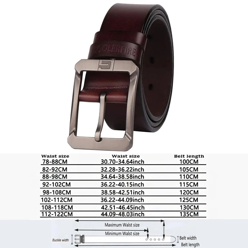 Coolerfire belt for jeans and trousers brown leather belt with silver buckle rolled display and size chart for waist measurements