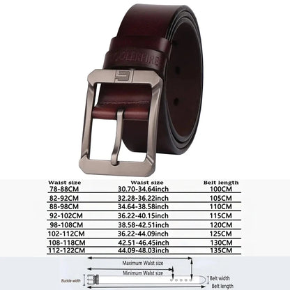 Coolerfire belt for jeans and trousers brown leather belt with silver buckle rolled display and size chart for waist measurements