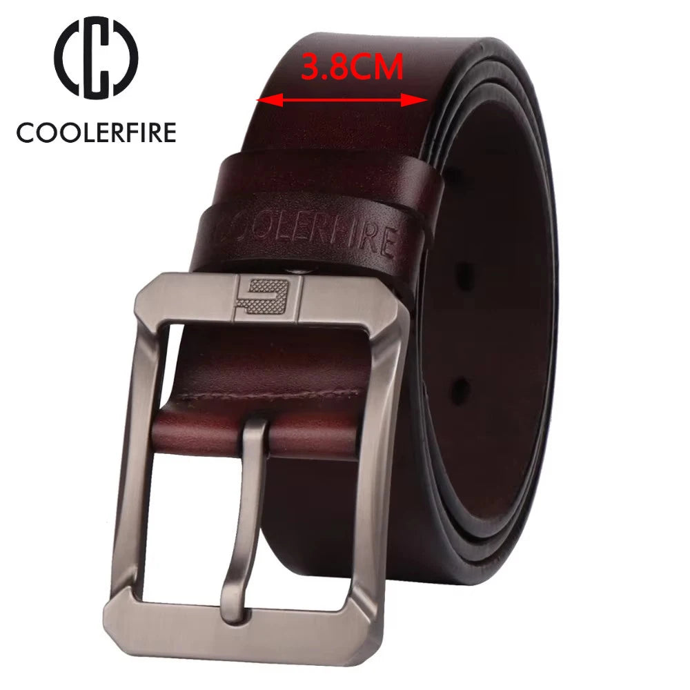 Coolerfire belt for jeans and trousers. Brown full grain leather belt approximately 3.8 cm wide with metal buckle