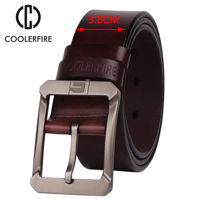 Coolerfire belt for jeans and trousers. Brown full grain leather belt approximately 3.8 cm wide with metal buckle