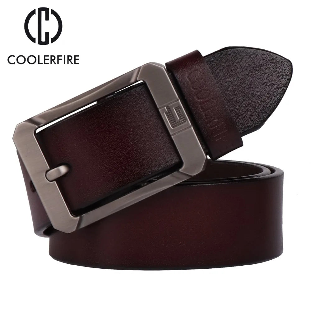 Coolerfire belt for jeans and trousers brown leather belt with large silver buckle with embossed logo by Luxurymania24