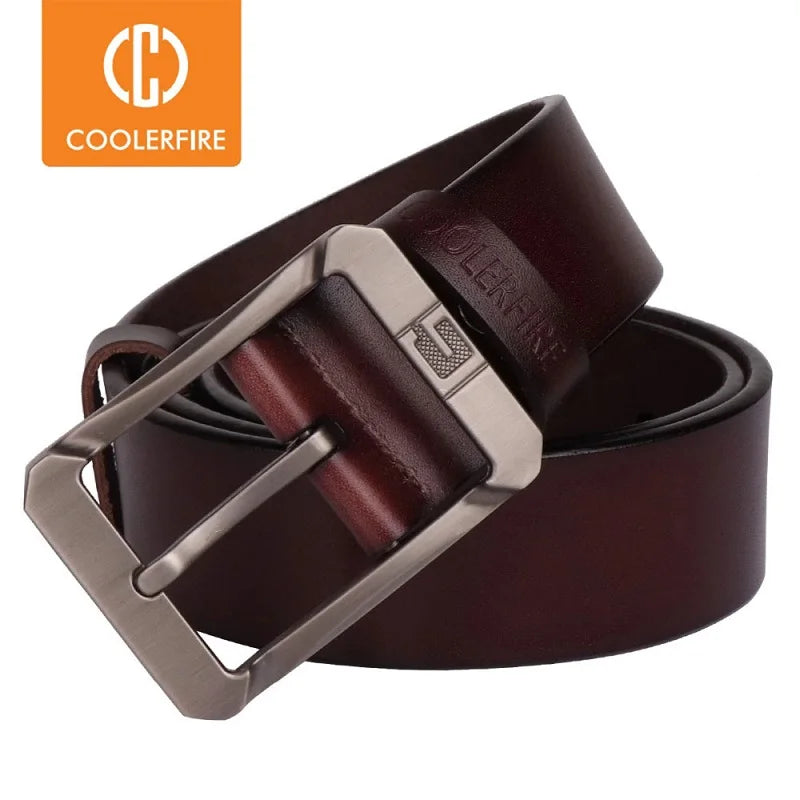 Coolerfire belt for jeans and trousers brown full grain leather belt with brushed metal buckle by Luxurymania24