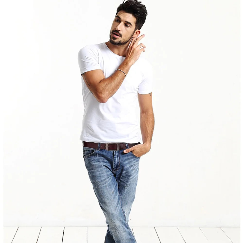 Male model in white tee and blue jeans wearing Coolerfire belt for jeans and trousers brown leather casual style by Luxurymania24