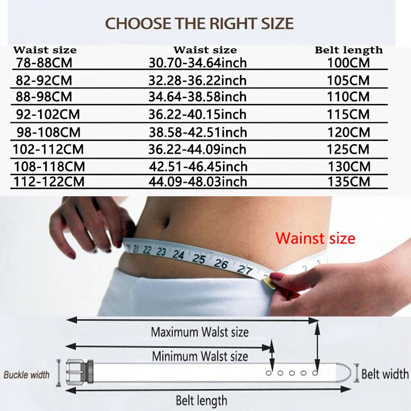 Size chart and waist measurement guide for Coolerfire belt for jeans and trousers. Luxurymania24 belt lengths and fit